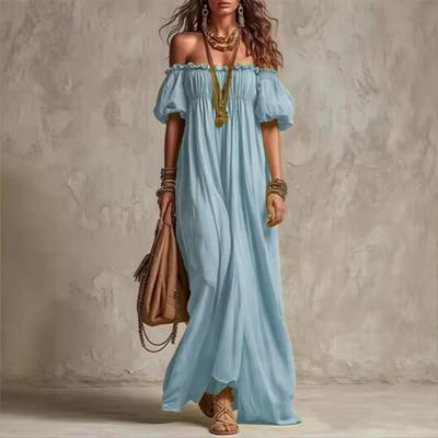 European and American New One-word Shoulder Sexy Cute Backless Lazy Bubble Sleeve Dress Loose and Elegant Long Dress Women
