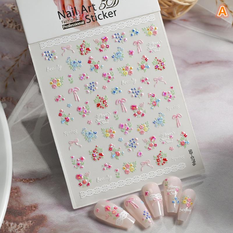 1 Sheet 3D Spring Flower Series Nail Stickers Colorful Rose Bouquet Nail Decal Self-Adhesive Daisy Ribbon Bow Manicure Sticker