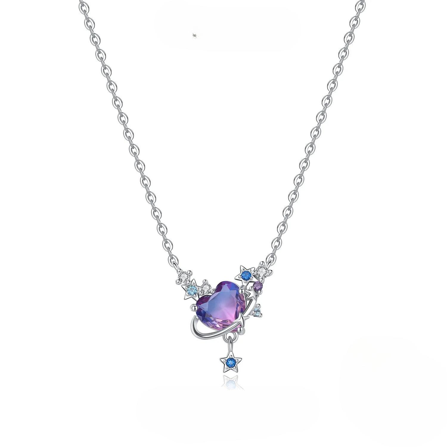 Sterling Silver Love Purple-Blue Heart-Shaped Zircon Planet Necklace for Women Elegant Party Jewelry Female Pendant Gifts