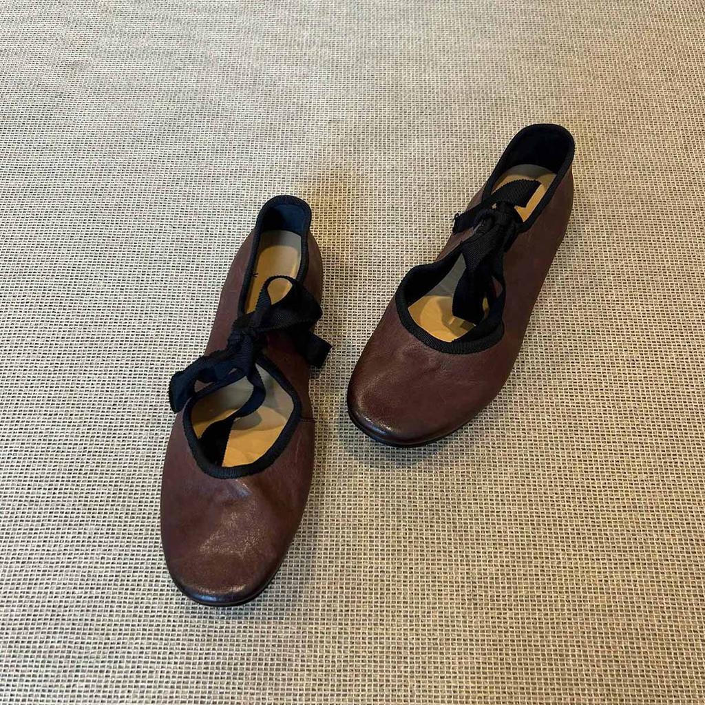 Schafsleder-Version~ Nischenliterarischer und künstlerischer Stil Leichte Mund-Ballerinas Damen Vielseitig Retro Kontrastfarbe Schnürschuhe Flache Sohle Weiche Sohle