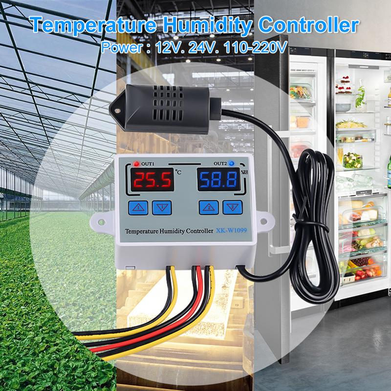 XK-W1099 Dual Digital Thermostat Humidistat 12V 24V 110-220V Egg Incubator Temperature Humidity Controller with Dual Display 12V