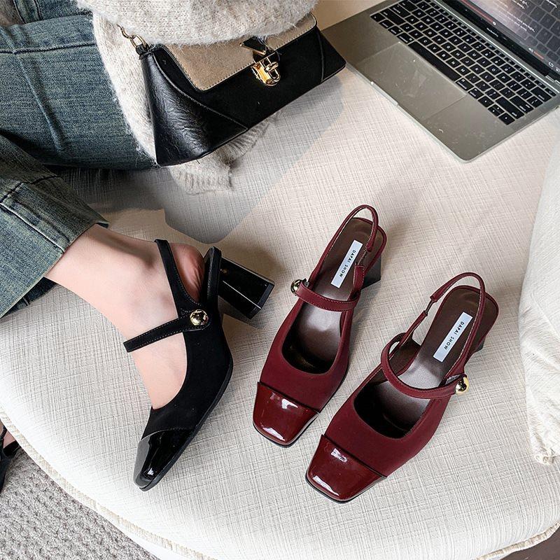 2025 temperament season thick heel red high heels feet retro single shoes with not tired new bag head sandals women's summer skirt