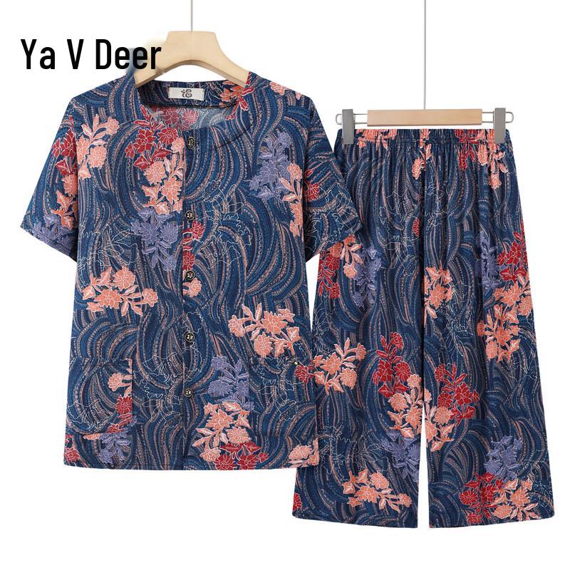 Elderly Women s Cotton Blend Short Sleeve Summer Lounge Set 2XL