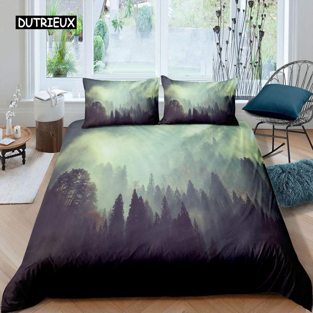Smoky Mountain Duvet Cover Set Pine Trees Comforter Cover Boys Landscape Quilt Cover Natural Scenery Art Polyester Bedding Set