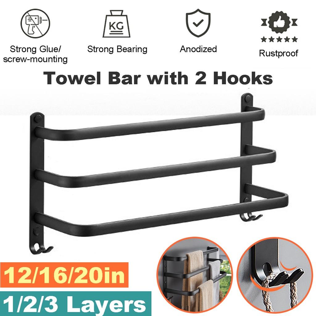 1/2/3-Tier Towel Hanger Rail Wall Mounted Towel Rack Towel Rack Bathroom Space Aluminum Black Towel Bar Rail Matte Black Towel 12/16/20Inches New