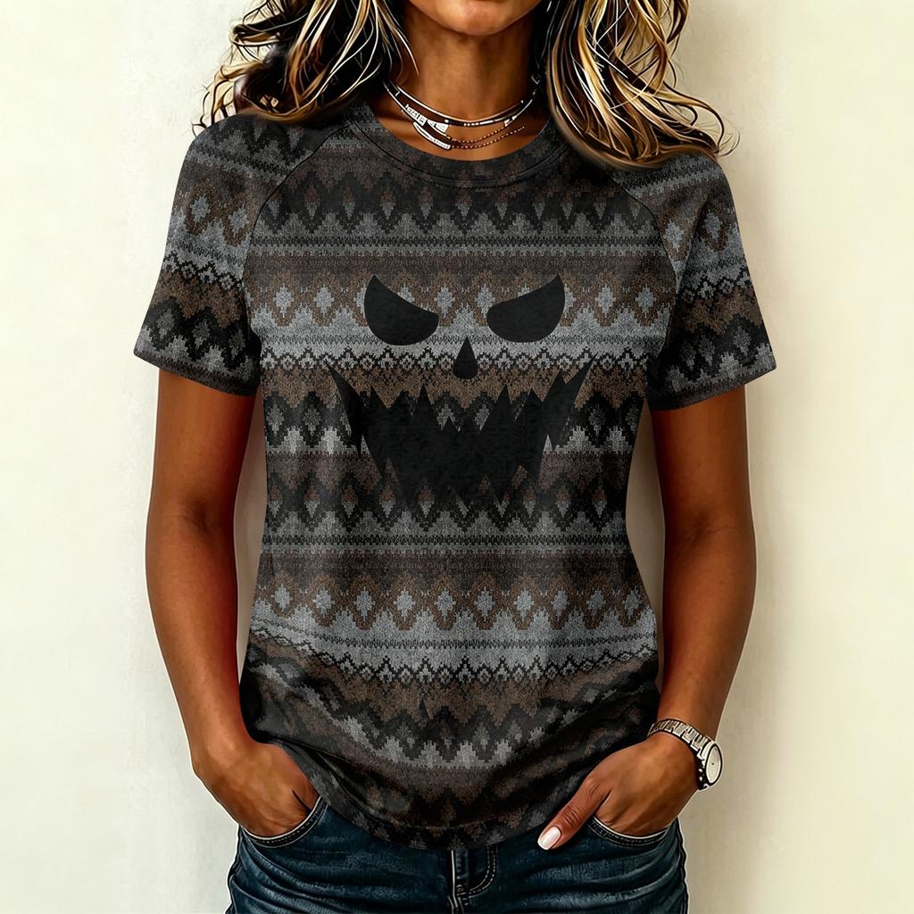 Womens Raglan Sleeve Casual T Shirt Halloween Print Short Sleeve Top Crew Neck Comfortable Fit Lightweight Fabric
