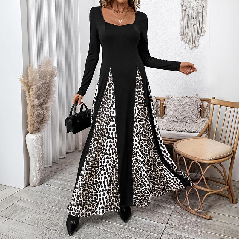 Yiyi European & American Leopard Print Color Block A-line Long Dress (2025 New, Elegant Temperament, Long Sleeve)