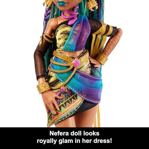 Includes Monster High Nefera de Nile doll in a royal mummy dress and pet scarab plush plush and 7 accessories including a purse, laptop, sunglasses, d