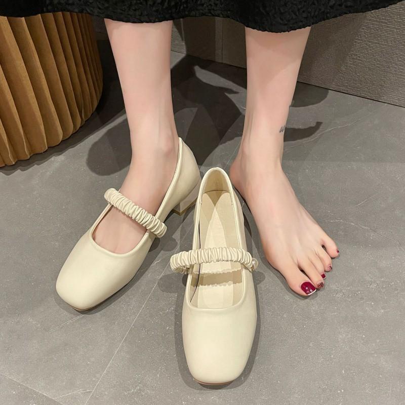 Large Size Shallow Mouth Single Shoes Women'S Spring Square Head Flat Bottom Word With Thick Heel Women'S Shoes Mary Jane Small Leather Shoes