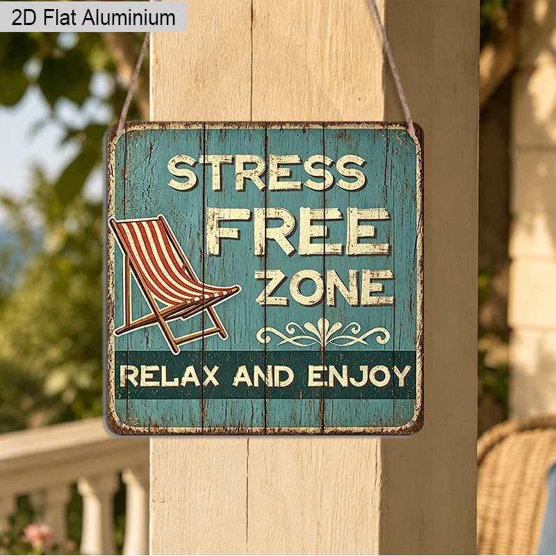 Placa Pendurada de Alumínio 2D Plana 1 Peça Vintage Desgastada Zona Livre de Estresse, Placa "Zona Livre de Estresse Relaxe e Aproveite" e Gráfico de Cadeira de Praia, Parede