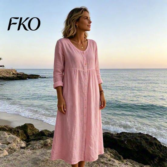 Soft Fabric Women Dress Summer Midi for Women, Button Down Long Sleeve Simple Style A-line Dress, Casual Loose V Neck Flowy Vacation Outfits Polyester