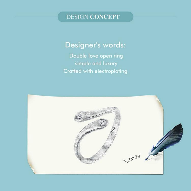 WOSTU 925 Sterling Silver Simple Double Love Open Ring for Women Original Design Jewelry