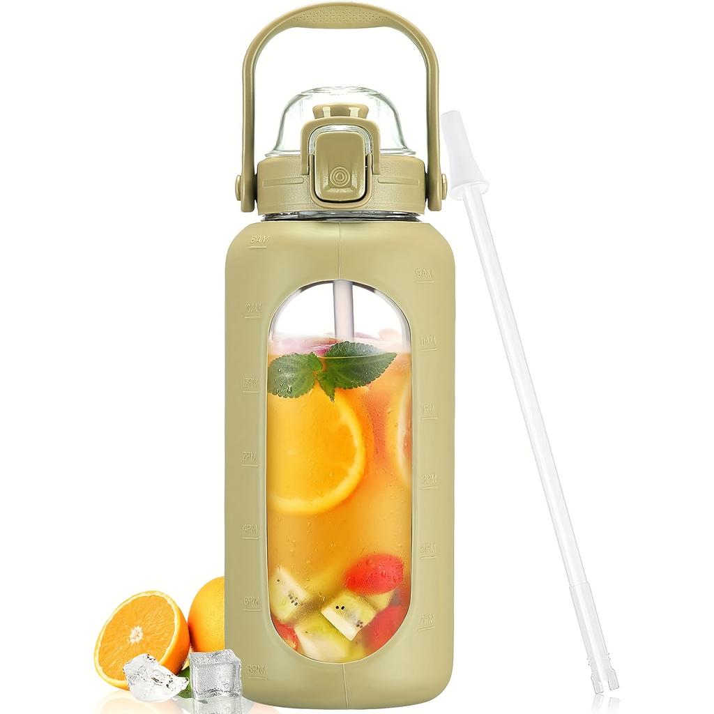 64oz Skleněné láhve na vodu se slámkou a víčkem Půlgalonová láhev na vodu s časovým značením Nepropustné skleněné láhve na vodu se silikonovým pouzdrem