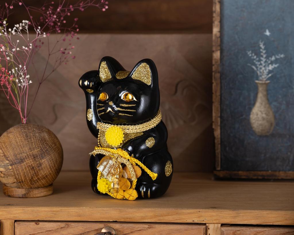 Lucky Cat Maneki Neko Right Paw Lucky Cat Maneki Neko Feng Shui Figurine with Offering Box (Lucky Cat) (S-SIZE Black) Raised/Ceramic (Lucky Cat) (fa_S