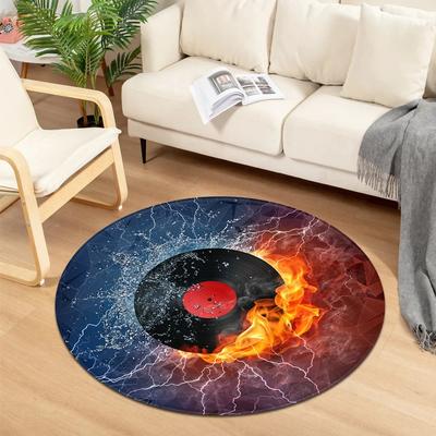 Kristall Samt Wasser Feuer Runder Teppich, CD Schallplatten Druck Rutschfeste Fußmatte für Wohnzimmer, Schlafzimmer, Heimdekoration, Runder Teppich