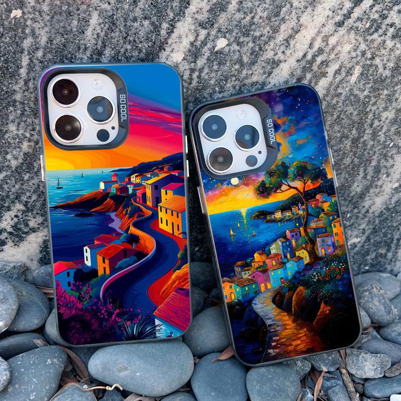 Luxury Sunset Island Scenery Phone Case for iphone 13 Mini 12 11 Pro Max 15 14 Pro Max Plus Landscape Matte Laser Covers Fundas