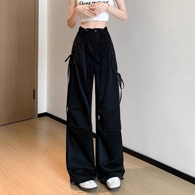Sommerliche Cargohose im amerikanischen Stil mit Schleifendetail für Damen, hohe Taille, schlankmachend, gerades Bein, Kordelzug in der Taille, locker, weites Bein, Freizeithose