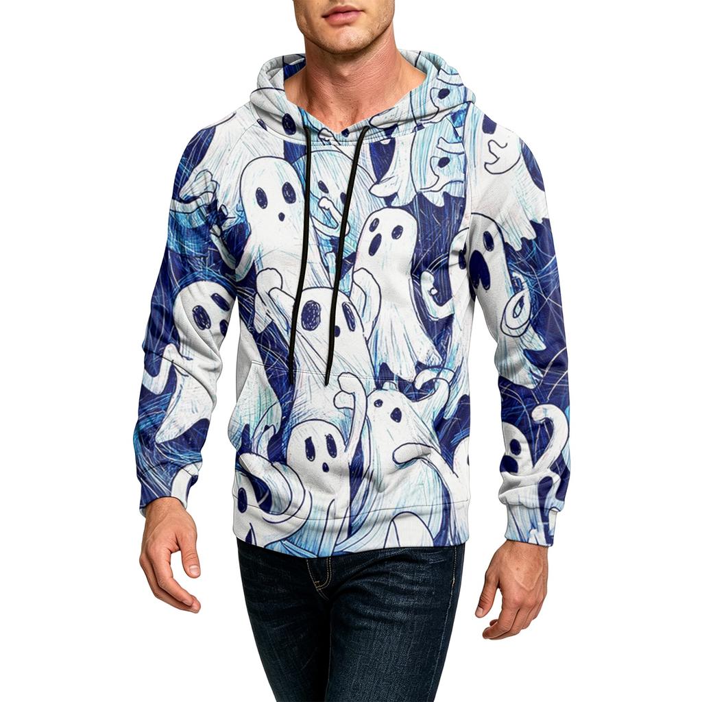 Men's Casual Loose Fit Printed Hoodie with Kangaroo Pocket and Drawstring for Everyday Wear