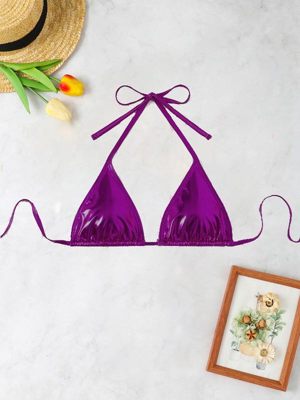 

Summer new swimsuit women s patent leather fabric sexy neck solid color bikini swimsuit L фіолетовий