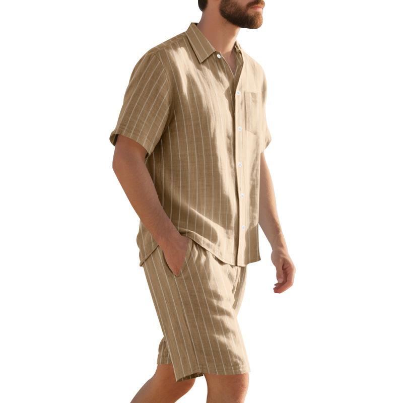 Summer Linen Suit Men's Striped Jacquard Loose Short Sleeve Shirt Beach Shorts Two-piece Set