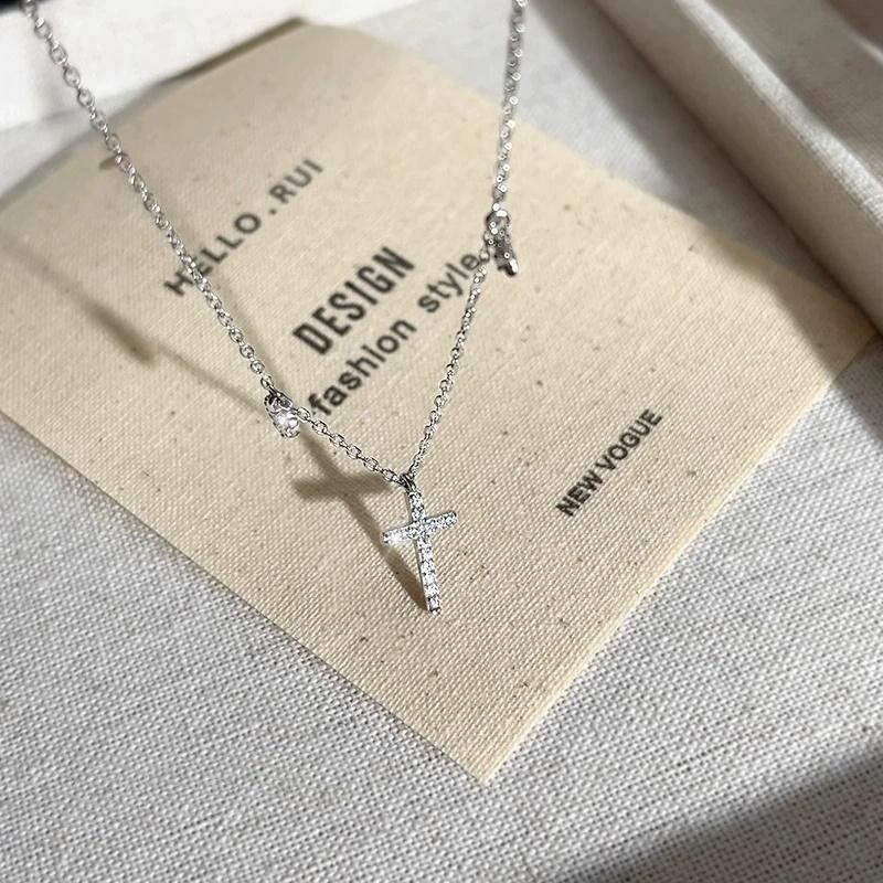 Fashion Simple Cross Necklace Shiny Zircon Jesus Cross Pendant Religious Faith Accessories Wholesale