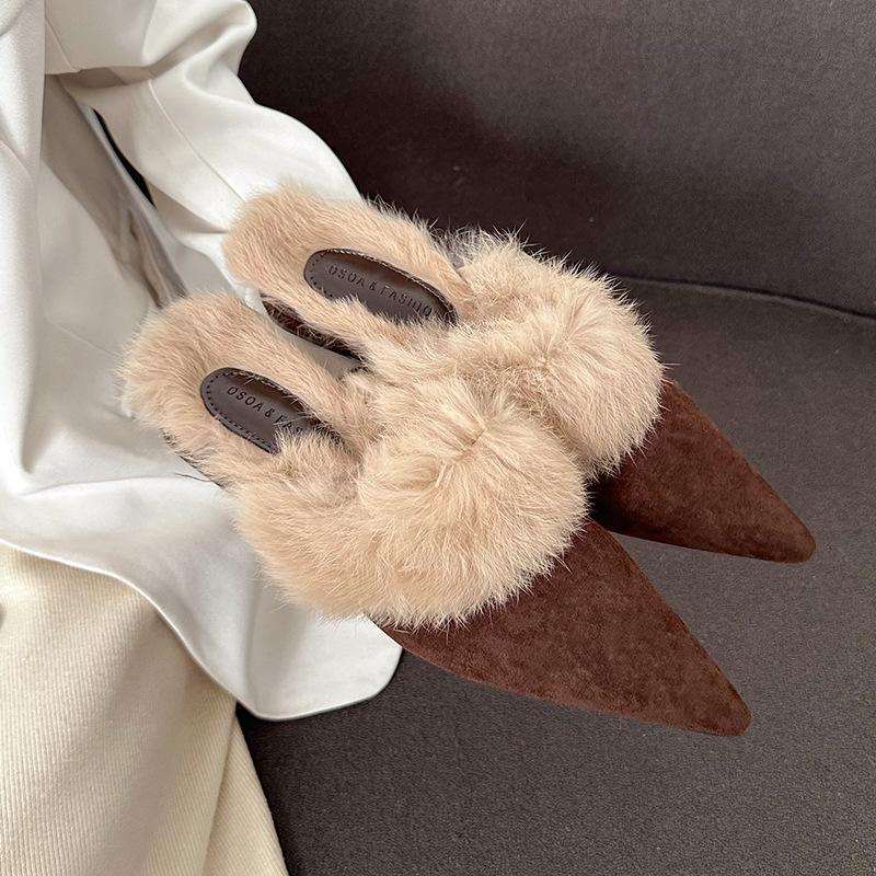 Pointed Half Slippers Women's 2025 Autumn and Winter New Bag Head Winter Fluffy Slippers Wear Low Heel Cotton Slippers