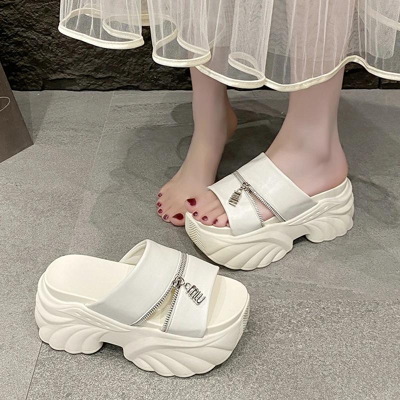 Fashion 9CM Women ZIP Style Chunky Slippers Summer Ladies Beach Flip-Flops Wedges Heels Outside Sandals Black Woman High Platform Shoes