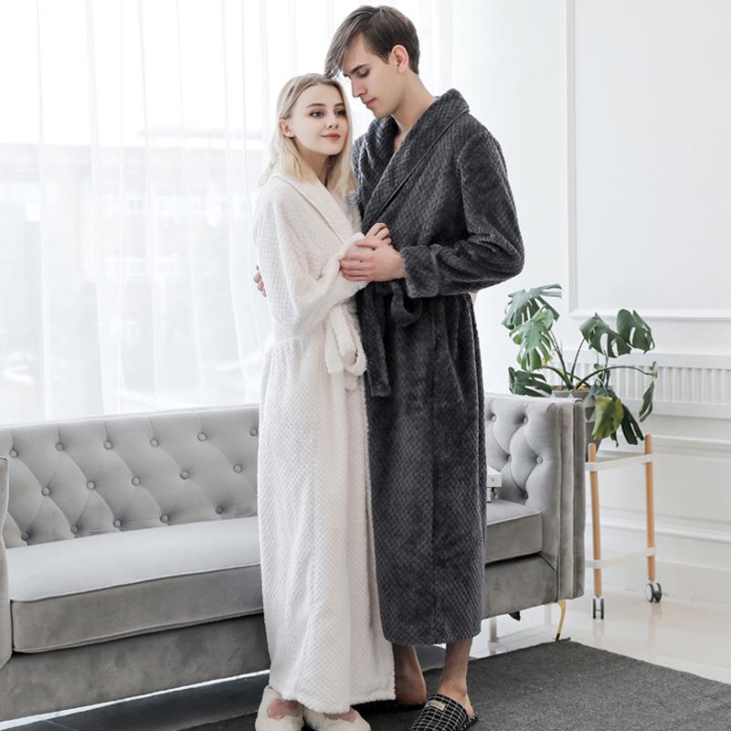 Extended Length Coral Fleece Bathrobe and Pajama Set for Men and Women - Plush, Thickened, Perfect for Winter and Autumn