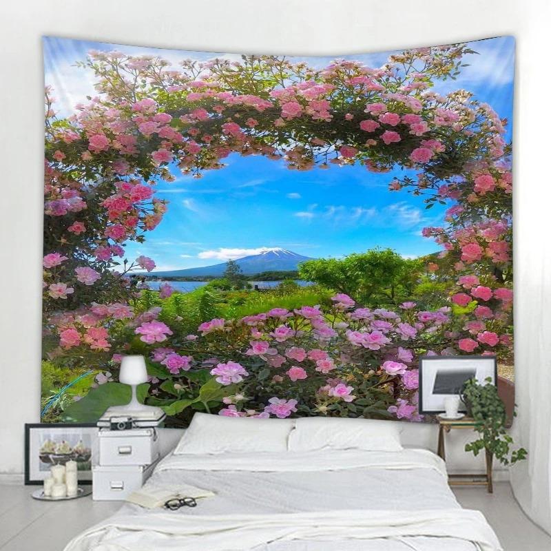 Garden Printed Tapestry Arched Flower Door Pattern Hanging Cloth Home Decoration Bedroom Living Room Wall Background Cloth