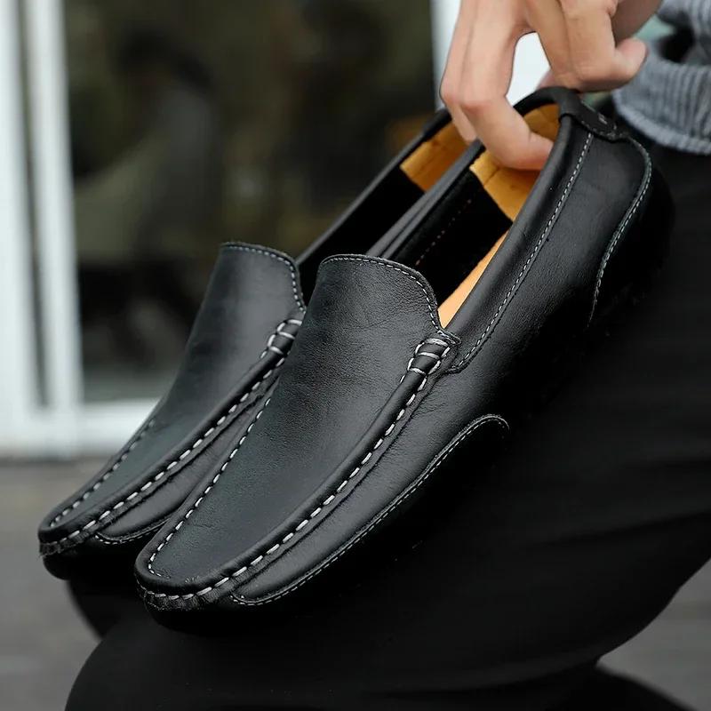 Genuine Leather Men Casual Shoes Luxury Brand Breathable Slip on Black Driving Shoes Soft Men Loafers Moccasins Plus Size 37-47