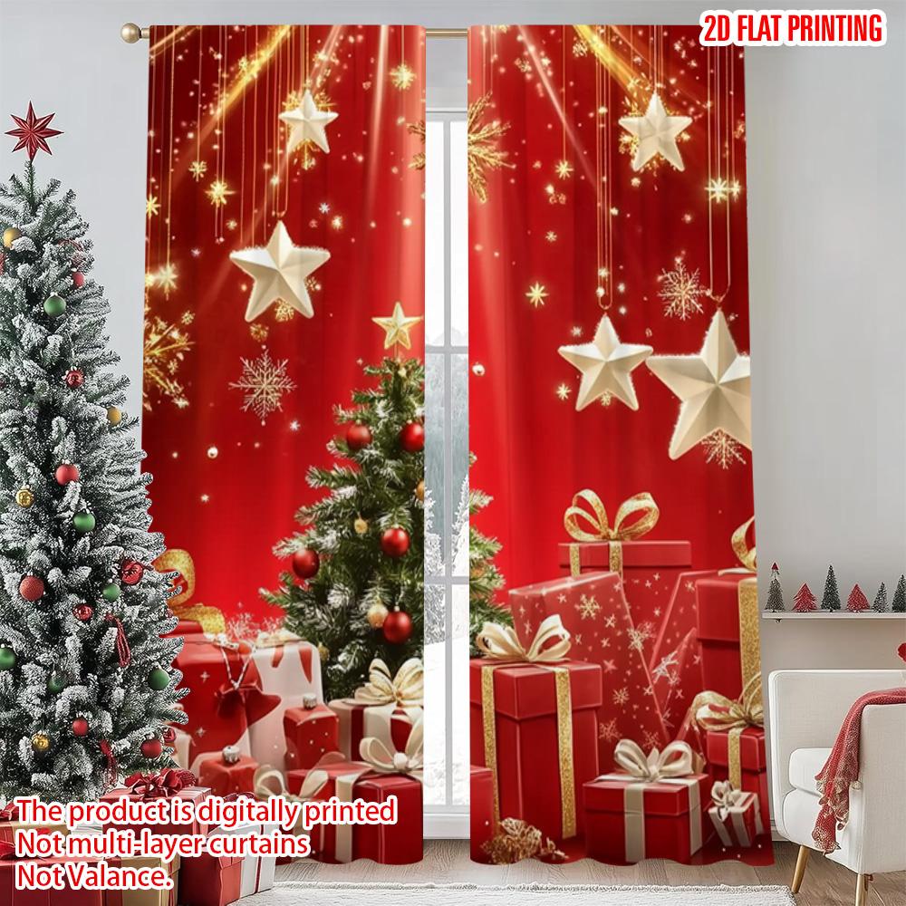 

Set Of 2 Flat Printing Christmas Curtains Trees Gifts Versatile Polyester Without Electricity Spring Gold Made W100*H70(CM)-Grommet top&2PCS