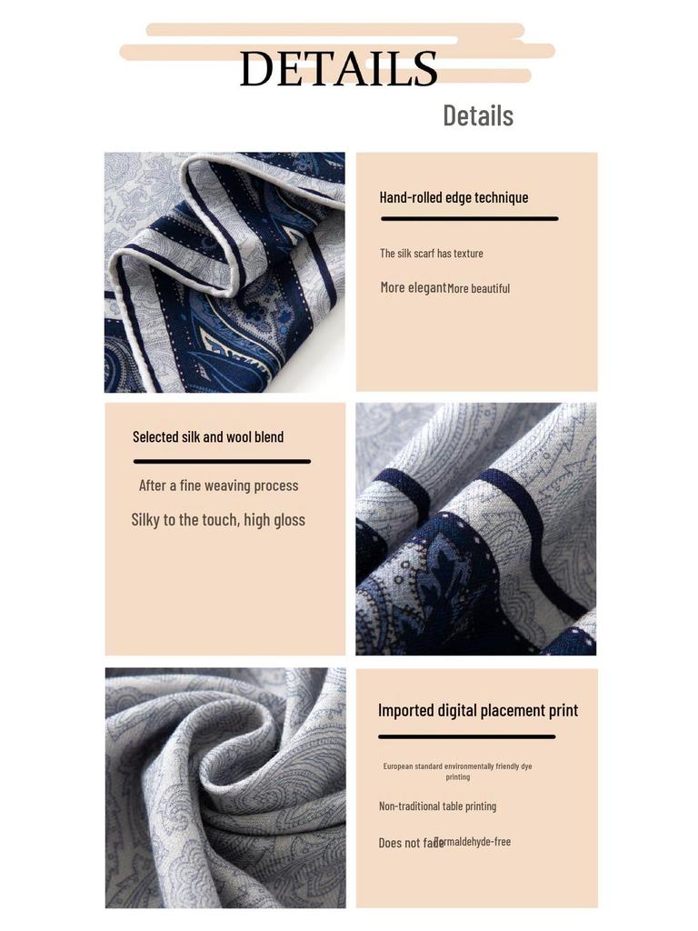 High-End Chinese Blue Silk & Wool Scarf with Celadon Print - Hand-Rolled, Square Neck Tie & Shawl