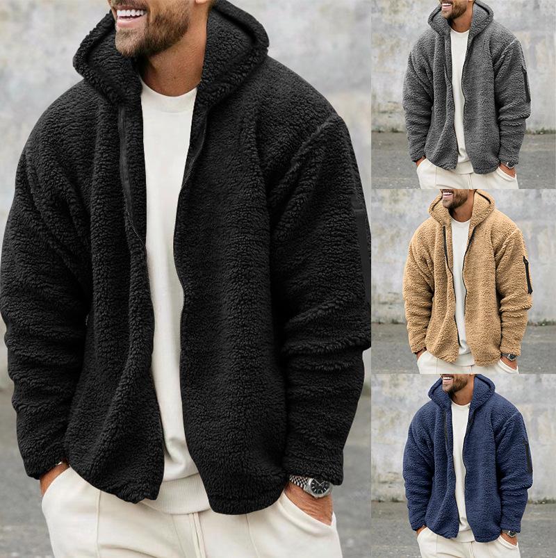 Men's Autumn and Winter Solid Color Warm Hooded Jacket Youth Loose Soft and Comfortable Sweatshirt