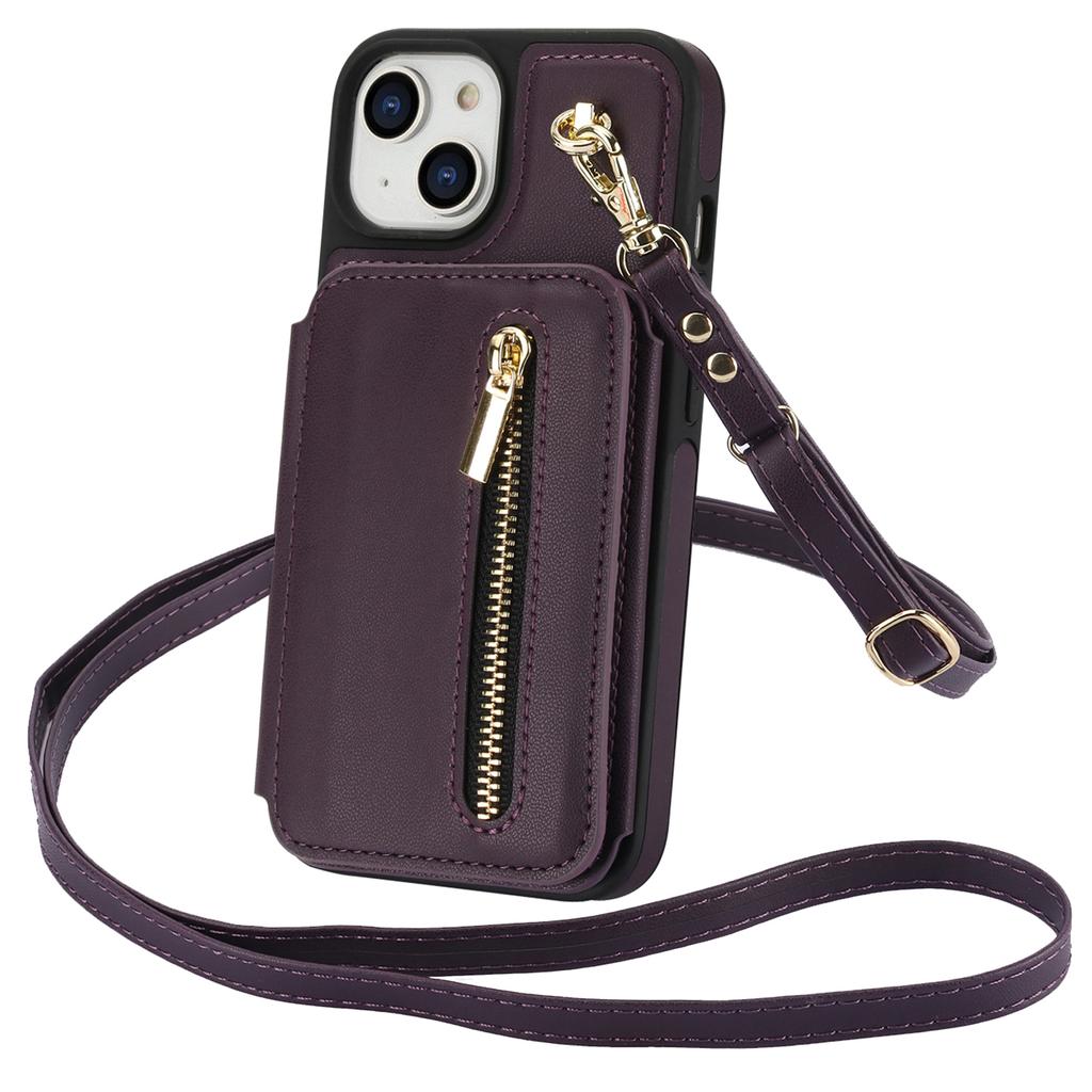 For iPhone 13 Case Zipper Pocket Kickstand Leather+TPU Phone Cover with 2 Straps