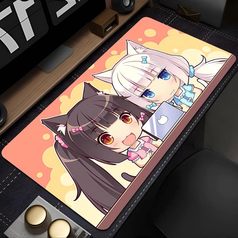 Gaming Mouse Pad Large Desk Mat Antislip Stitched Edges Chibi Cat Girl Print Warm Tone Waterproof Mat for Home Use
