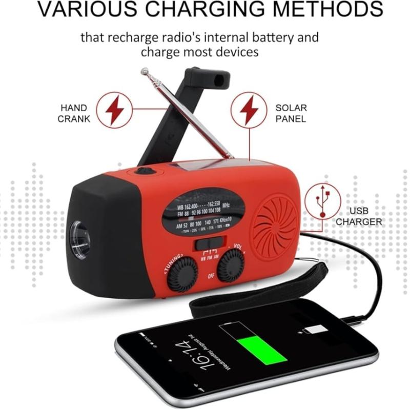 Emergency Solar Crank Radio With LED Flashlight and 5000mAh Power Bank - Red
