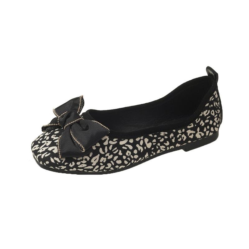 Womens 2025 new modelDress simple Casual Shoes Bow Leopard Shallow Mouth Non slip women's shoes Soft Leather fashion Flat
