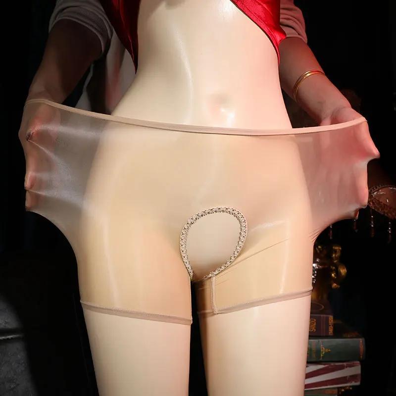 Underwear Women Open Crotch Panties Oil Shiny Ultra Thin Boxers Sexy Silk Smooth See-Through Underpants Seamless String Lingerie