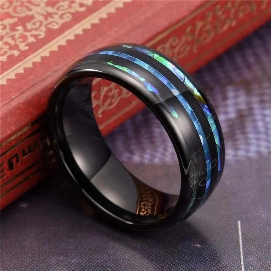 Fashion 8mm Stainless Steel Rings For Men Inlay Blue Opal And Abalone Shell Ring Men Wedding Engagement Jewelry Anniversary Gift