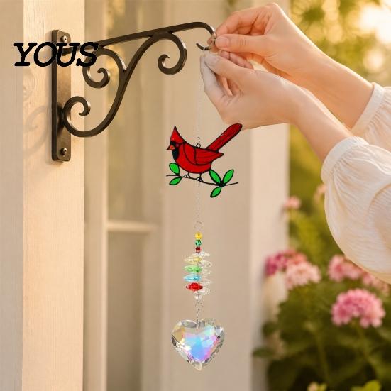 Weather Resistant Outdoor Decor Faux Crystal Red Bird Suncatcher with Chain, Window Hanging Ornament Colorful Bead for Home Prism Heart Pendant,
