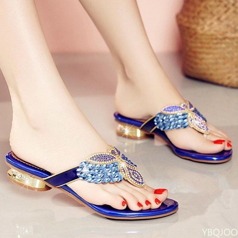 Women's Outdoor Slippers with Rhinestone Decoration Luxury Slippers Summer Low Heel Bohemian Style Beach Flip Flops Sandals