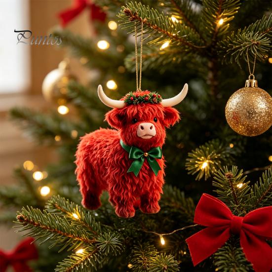 Small Holiday Party Favors Highland Yak Ornament for Christmas Tree Hanging Decor, Cute 2D Flat Unique Acrylic Gift Tags Pendant with Gold String