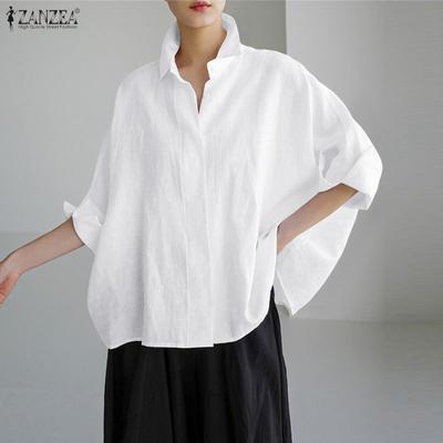 Women Casual Loose Lapel Collar 3/4 Batwing Sleeve Buttons Up Blouse
