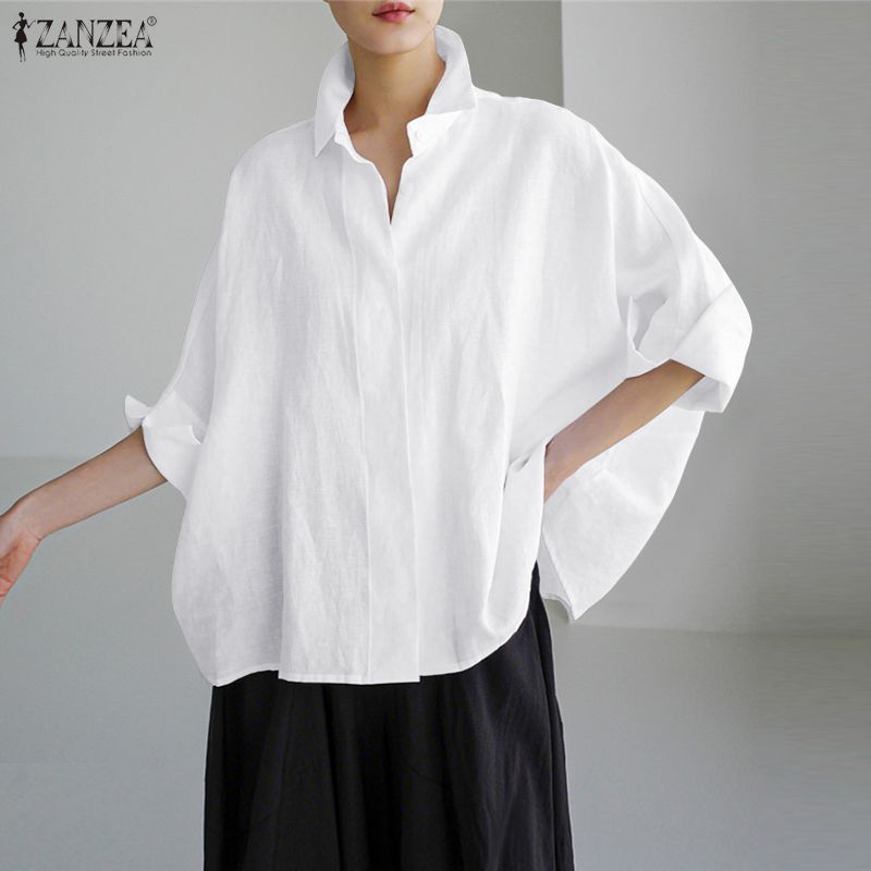 ZANZEA Women Casual Loose Lapel Collar 3/4 Batwing Sleeve Buttons Up Blouse