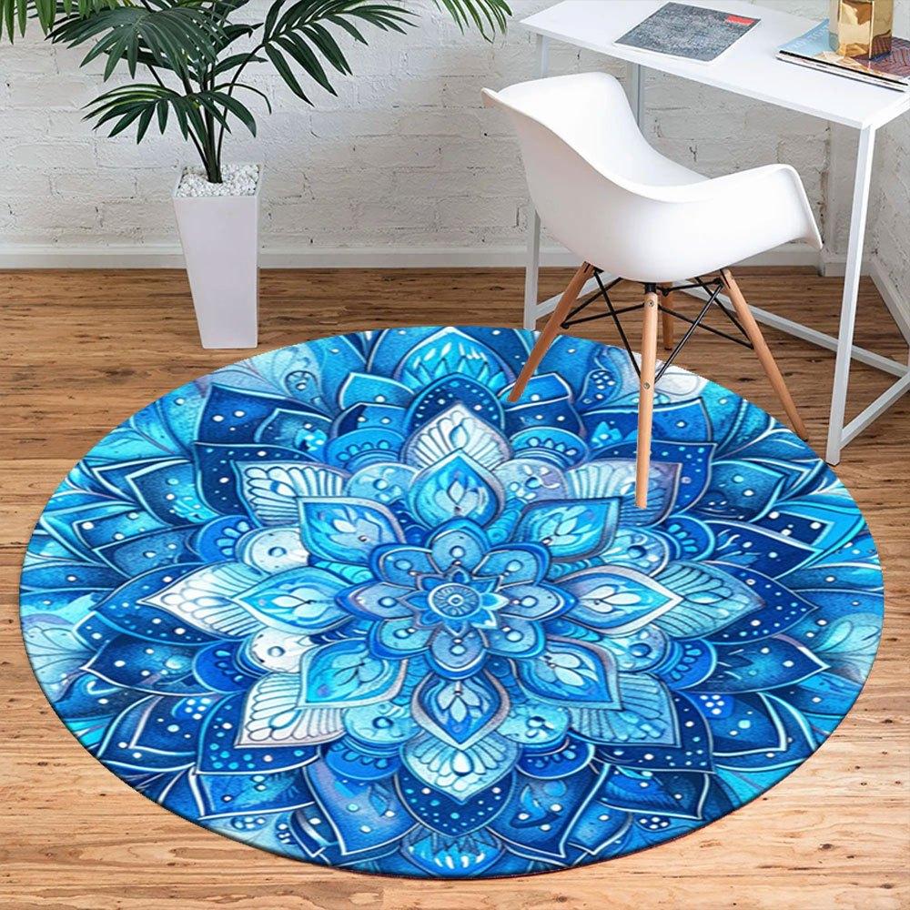 Blue Mandala Art Print: Circular Design, Abstract Blue Flower PatternRound Non-Slip chair mat chair carpet for office Rugs for Office Decor Gift For V