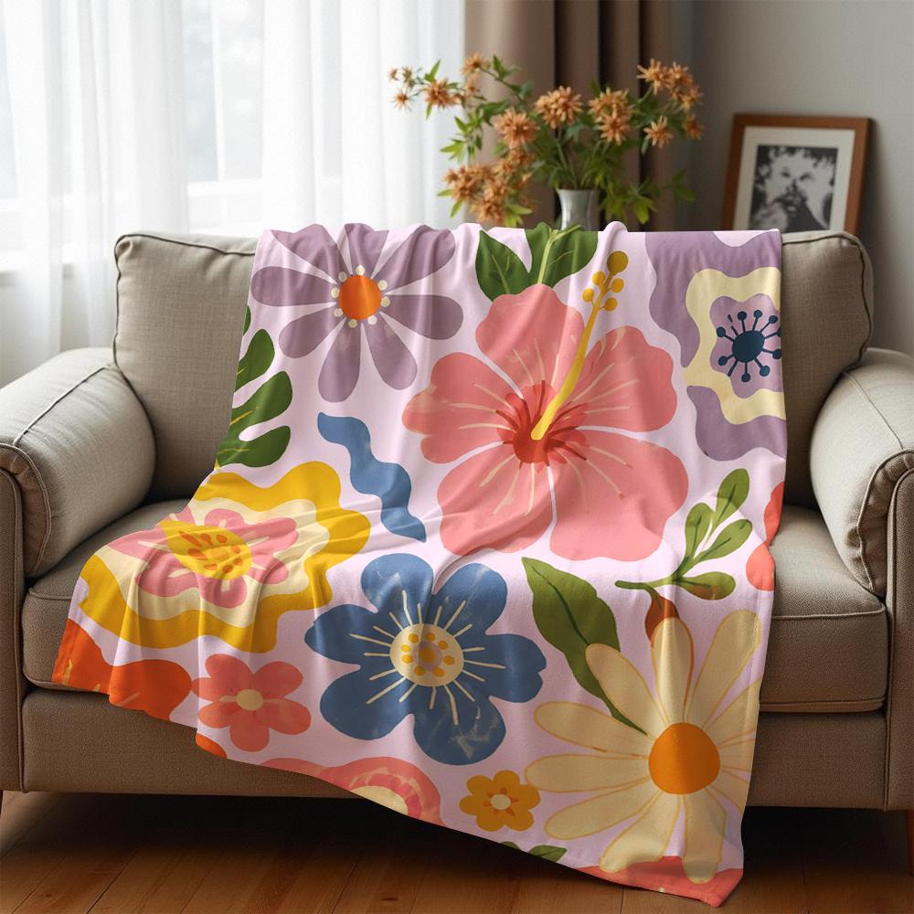 Pastel Tropical Hibiscus Floral Cartoon Anime Print Flannel Blanket Soft Warm Throw for Kids Bedroom Sofa Christmas Office Car