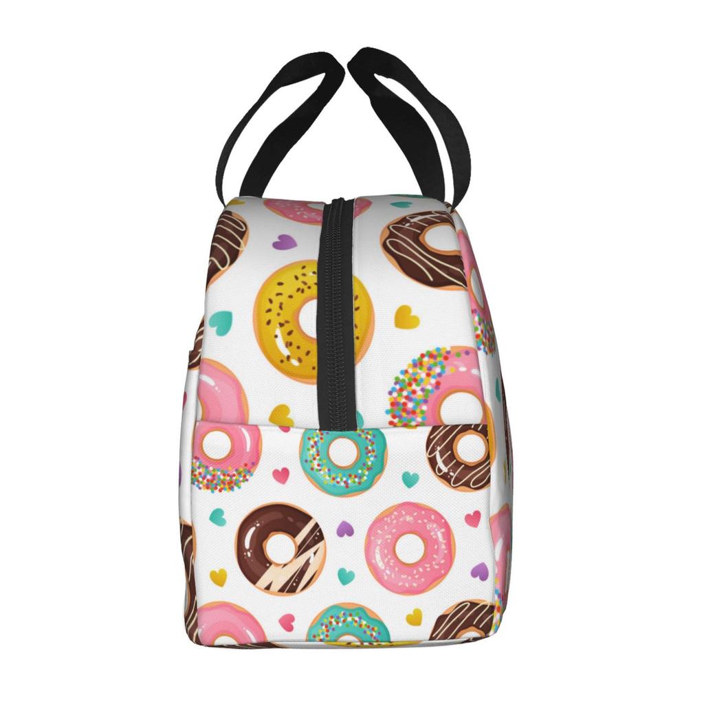 Colorful Donut Print Lunch Bag Waterproof Insulated Canvas Cooler Bag Thermal Cold Food Picnic Travel Tote for Women Children