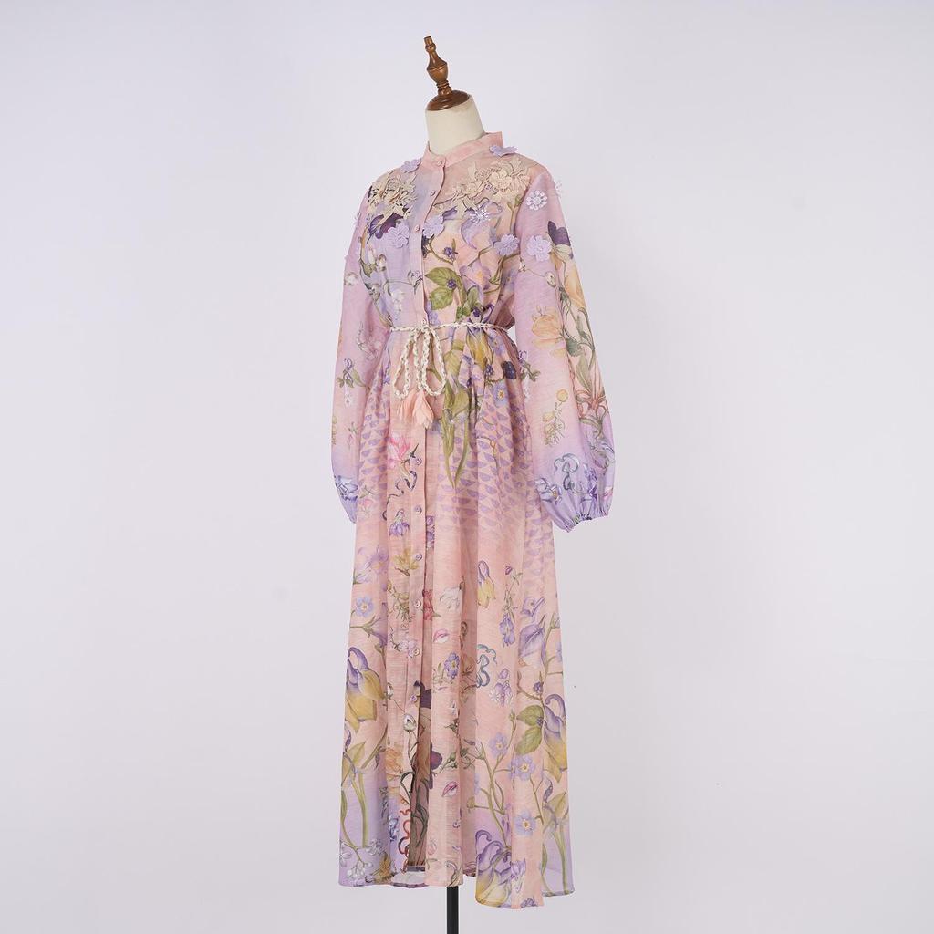 Exquise Robe Maxi Imprimée à Manches Bouffantes avec Détail à Nouer