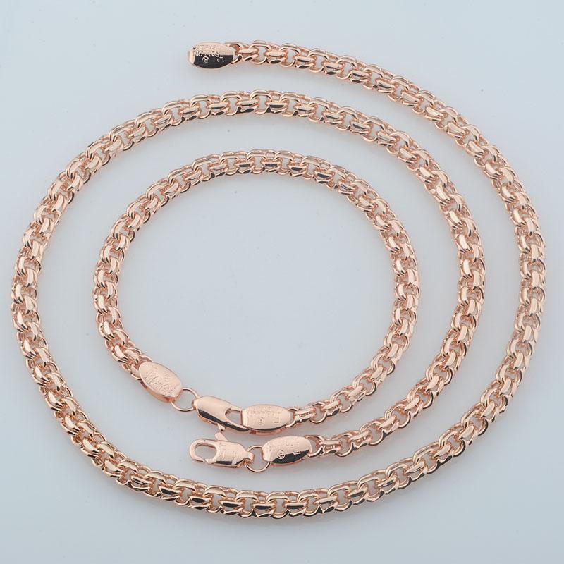 Set Collana e Bracciale Hip Hop a Maglia Rolo Doppia 6mm in Oro Rosa 585 Unisex 50+20cm