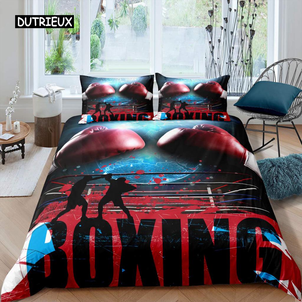 Boxing Duvet Cover Set Sports Games Theme Twin Bedding Set Microfiber Boxing Gloves Athlete Silhouette Queen King Quilt Cover
